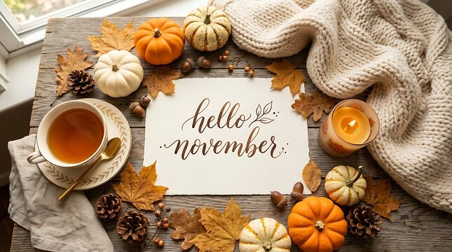 Autumn flat lay with pumpkins, leaves, tea, and hello november sign