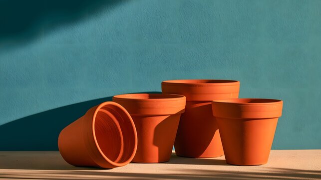 Terracotta plant pots arranged together with one pot lying on side.