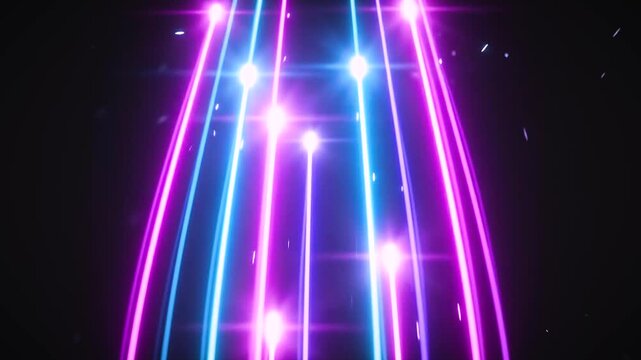 Abstract High Speed Neon Light Trails, Glowing Pink and Blue Fiber Optic Data Streams on Reflective Floor, Futuristic Technology Motion Background