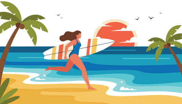 Young female surfer running along a sandy beach shoreline holding her surfboard during a beautiful golden sunset.