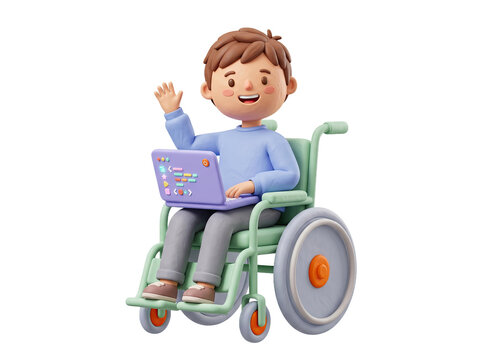 Happy boy in wheelchair using laptop isolated on transparent background 3d icon
