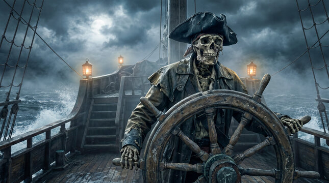 Una aterradora calavera pirata al tim&oacute;n de un antiguo barco de vela, rodeada de mares embravecidos, niebla y dram&aacute;tica luz de luna, en una atm&oacute;sfera oscura y cinematogr&aacute;fica.