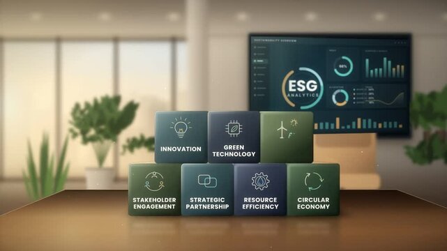 ESG strategy blocks stacking into a pyramid on an office desk beside a sustainability analytics screen