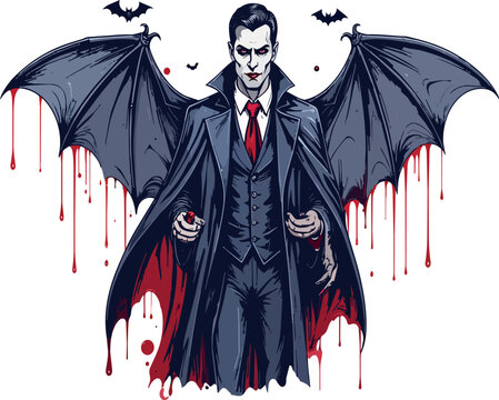 Vampire character with bat wings dripping blood
