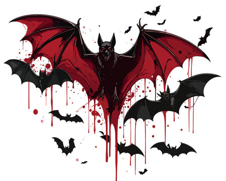 Vampire bat flying with blood splatters and small bats