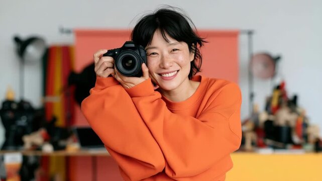 Happy female photographer playfully aiming camera in colorful studio wearing orange sweater for portfolio header and promotional background