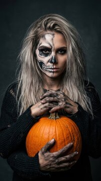 Young Woman with Half Skull Face Makeup Holding a Large Orange Pumpkin for Halloween Celebration