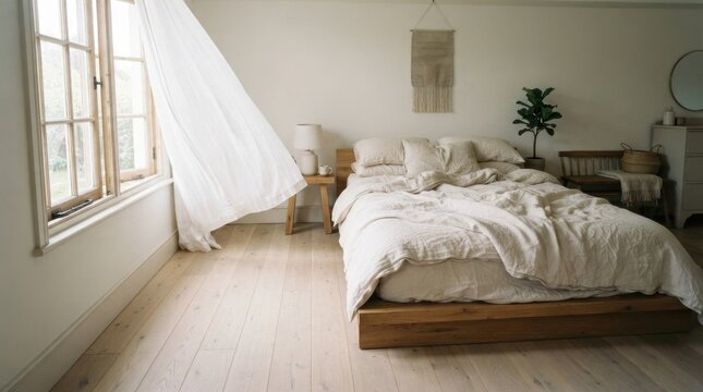 Serene Bedroom Breeze: A gentle breeze flows through an open window, rustling the sheer curtains in a bright, minimalist bedroom with a large, inviting bed and light wooden flooring.