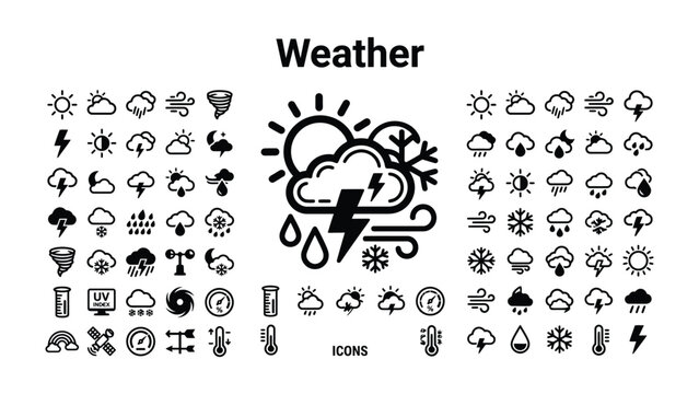 Weather Forecast Icons: A comprehensive collection of black and white icons representing various weather conditions, including sun, clouds, rain, snow, lightning, and wind.