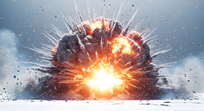 Massive explosion with fiery blast and debris in snowy landscape