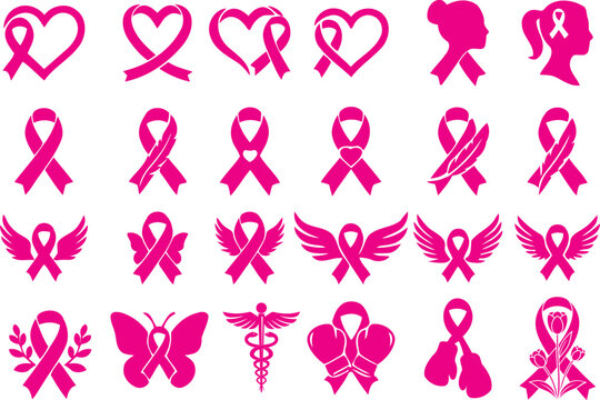 Vector collection of pink breast cancer awareness ribbon icons, featuring angel wings, boxing gloves, and medical symbols for health campaigns