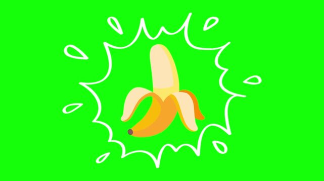yellow banana fruit on water splash isolated animation. Animated vector motion graphic video on green screen or alpha channel. Illustration of fresh, organic, healthy fruits and food icon
