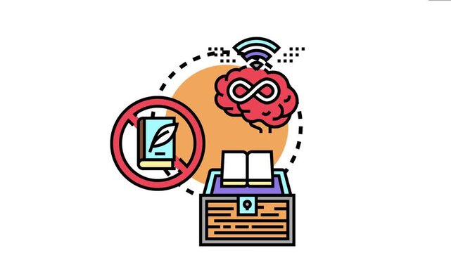 Learning difficulties concept depicting cognitive challenges, with a brain managing information, a crossed out traditional learning book, and a chest symbolizing knowledge collection