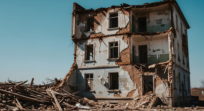 Abandoned ruined residential building with exposed brick wall debris