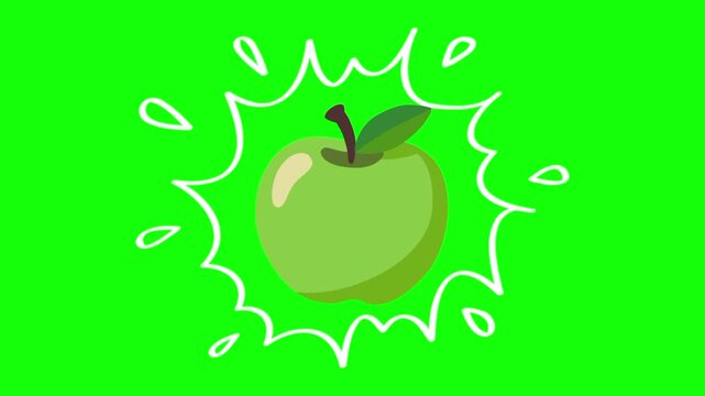 green apple fruit on water splash isolated animation. Animated vector motion graphic video on green screen or alpha channel. Illustration of fresh, organic, healthy fruits and food icon