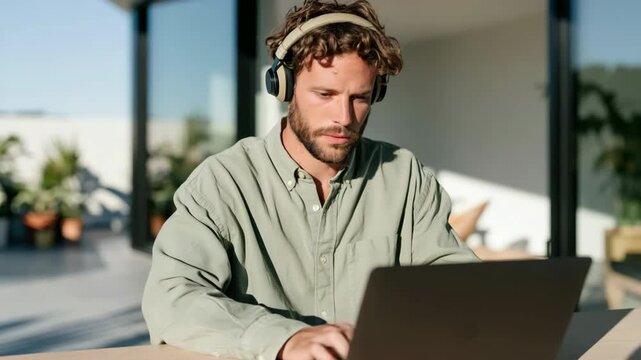 Man with headphones working on laptop outdoors at modern patio table for remote work background and focused freelance workspace banner