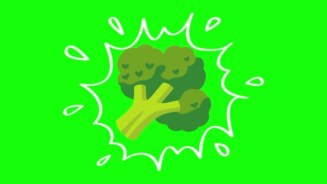 Broccoli on water splash, isolated vegetable animation. Animated vector motion graphic video on green screen or alpha channel. Illustration of fresh, organic, healthy vegetables and food icon