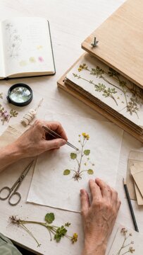 Botanical pressing and sketching workspace with hands arranging dried wildflowers on paper, open field journal, magnifying glass, scissors, wooden plant press, and natural study materials for creative