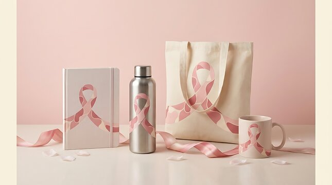Breast Cancer Awareness Merchandise Collection with Pink Ribbons.