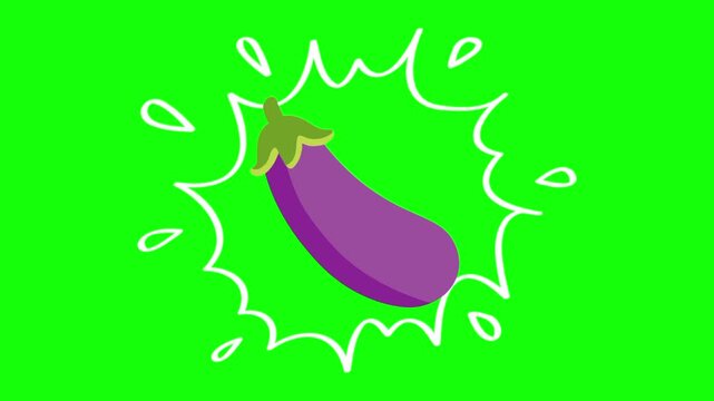 eggplant on water splash, isolated vegetable animation. Animated vector motion graphic video on green screen or alpha channel. Illustration of fresh, organic, healthy vegetables and food icon