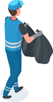 Waste collector wearing safety gloves and uniform, carrying two black garbage bags