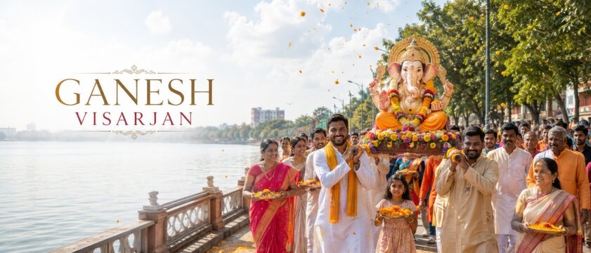 Ganesh Visarjan procession beside waterfront with devotees carrying decorated Ganesha idol, Indian religious celebration, and English text Ganesh Visarjan marking immersion festival on 25 September