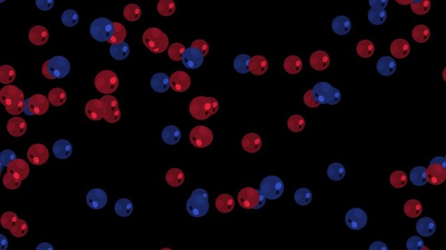 Red and blue spheres floating on black background. 2d animation