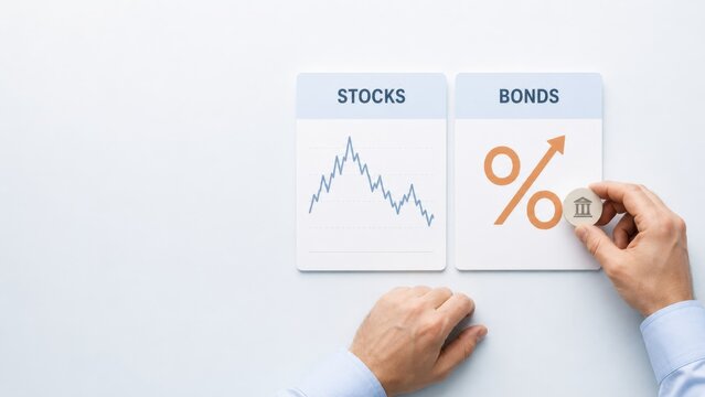 Global bond sell off concept with hand placing coin beside bond chart and declining stocks graph, illustrating financial markets, investment risk, economic volatility, trading analysis, and business