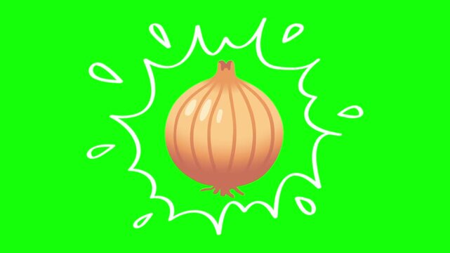 onion on water splash, isolated vegetable animation. Animated vector motion graphic video on green screen or alpha channel. Illustration of fresh, organic, healthy vegetables and food icon