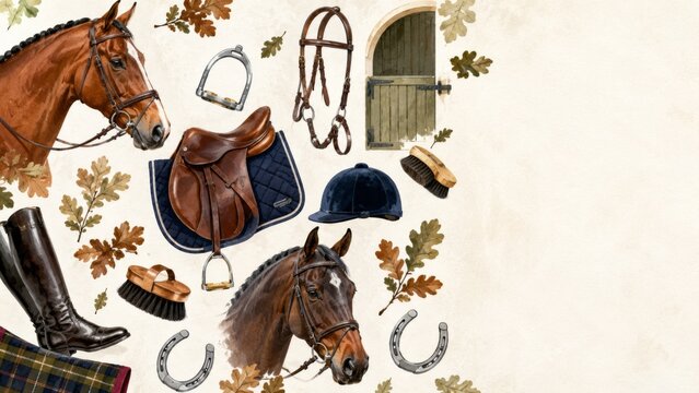 Equestrian horse riding collage featuring brown horses, leather saddle, bridle, riding boots, helmet, stirrups, horseshoes, grooming brush, stable door, and oak leaves on cream background with copy