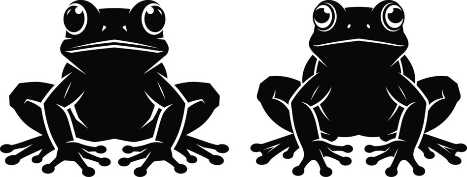 Two black silhouette frogs isolated on a white background for nature design elements and wildlife graphic icons