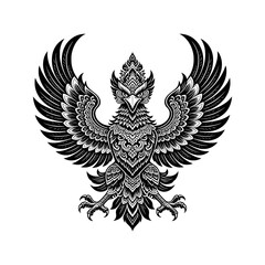 Fototapeta premium Southeast Asian-inspired mythical guardian bird vector featuring elaborate ornamental feathers and powerful symbolism of courage, protection and victory.
