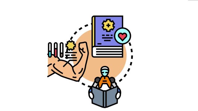 Person and robot studying from books, developing physical and mental skills, acquiring knowledge, and improving abilities for coaching and educating others through instruction and guidance