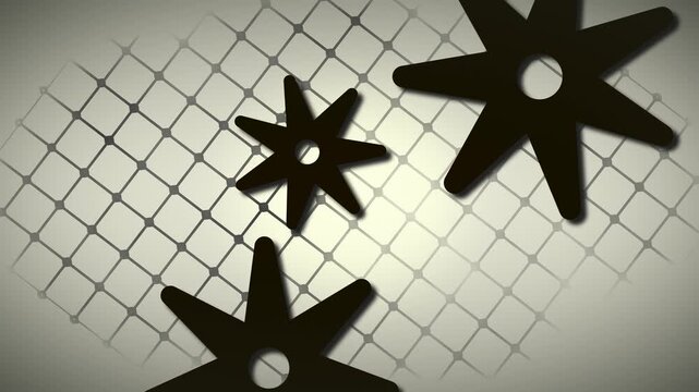 Looping animation of three dark cogs rotating across a patterned grid, with rows of small dots constantly moving beneath them, creating rhythmic mechanical motion and a simple technical scene