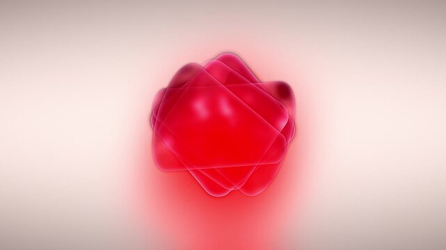 Calm background motion animation of glowing red stacked rectangles and rounded triangles slowly rotating, overlapping and casting soft shadow across a warm light yellow-toned surface