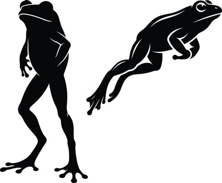 Set of two black silhouettes of frogs one standing upright and one jumping isolated on white background