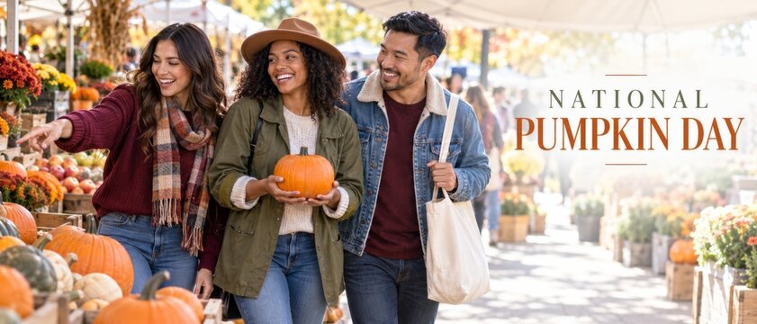 Friends celebrating National Pumpkin Day October at outdoor market, smiling woman holding pumpkin beside companions, seasonal autumn shopping scene with festive text and copy space for promotion