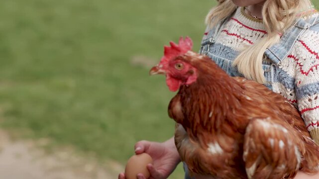 Girl holding a hen and fresh egg on a farm