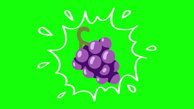 grape on water splash, isolated fruit animation. Animated vector motion graphic video on green screen or alpha channel. Illustration of fresh, organic, healthy fruits and food icon