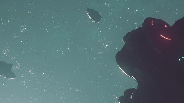 The view shows a rocky surface with lights glowing. The background features a sky filled with stars and several floating objects in the distance. It captures a scene in outer space.