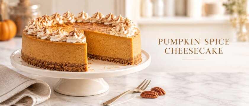Pumpkin spice cheesecake slice on white pedestal with whipped cream, cinnamon dusting, pecans, pumpkins, and copy space bearing seasonal dessert text, ideal for autumn food advertising, menus, and web