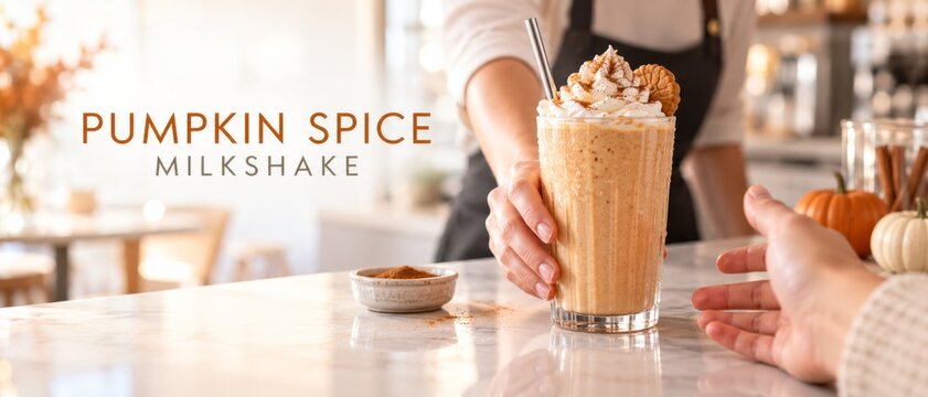 Pumpkin spice milkshake served across cafe counter, with whipped cream, cinnamon, straw, and autumn pumpkins, while seasonal English lettering creates warm advertising space for beverage marketing and