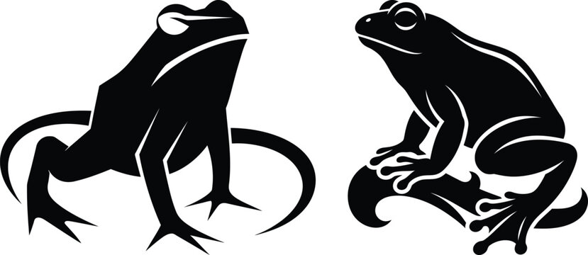 Set of two black silhouettes of frogs isolated on a white background for design and creative projects