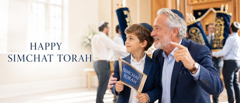 Simchat Torah celebration with Jewish grandfather and boy holding Torah book, Hebrew holiday tradition, synagogue setting, and Happy Simchat Torah message with bright copy space for greeting design