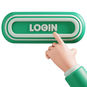 Green login button clicked by hand 3D rendering for website access app