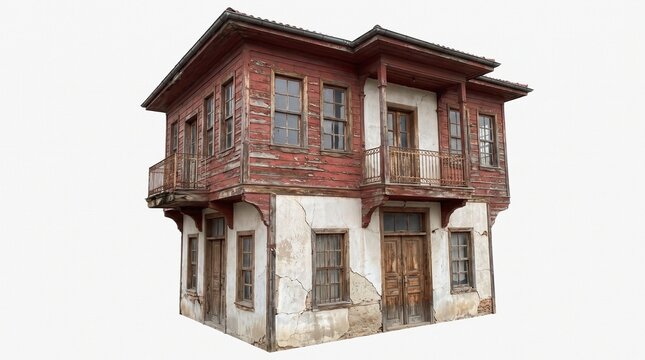 Old run-down rustic two-story house with peeling red paint and weathered wooden doors