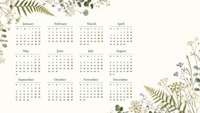 2027 botanical calendar in green tones with twelve monthly grids, delicate fern leaves, eucalyptus foliage, blue flowers, and spacious cream copy area for planner, stationery, scheduling, and seasonal