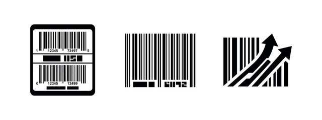 Obraz premium Barcode icons set, product identification symbols, scanner code with growth arrows, logistics and retail technology