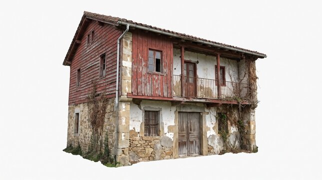 Run-down rustic two-story house with peeling red wood siding and overgrown stone walls