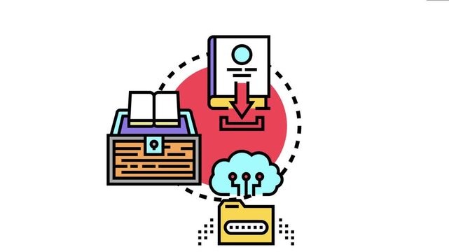 Learning materials concept showing books, a download symbol, an open wooden chest, a cloud storage icon, and a file folder with a password, all interconnected by dashed lines
